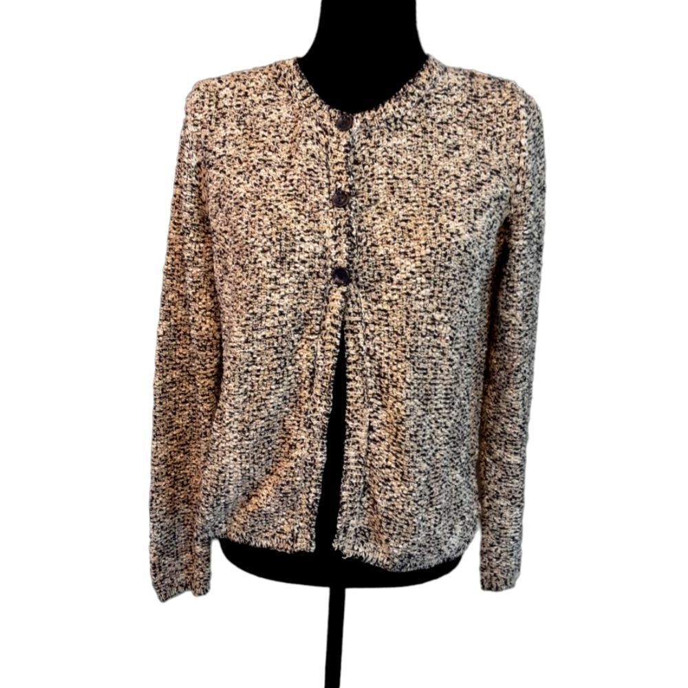 Cardigan Sweater Tweed Knit Nubby Texture Three‎ Buttons Navy and White sz M